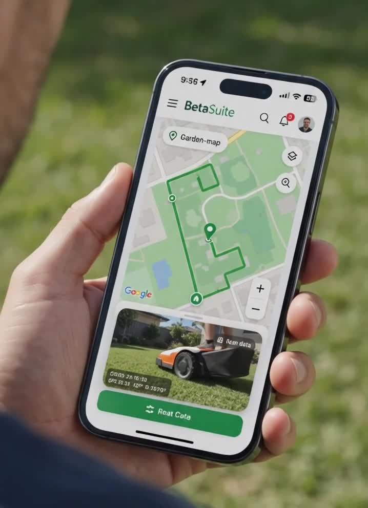 BetaSuite dual recording — a garden map and a live camera view of a robot mower on one phone screen