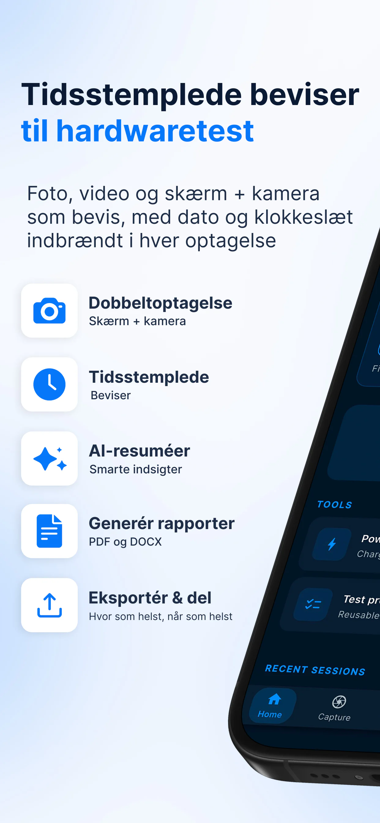 BetaSuite-overblik — tidsstemplede beviser til hardwaretest: dobbeltoptagelse, beviser med tidsstempel, AI-resuméer, PDF- og DOCX-rapporter, eksport og deling