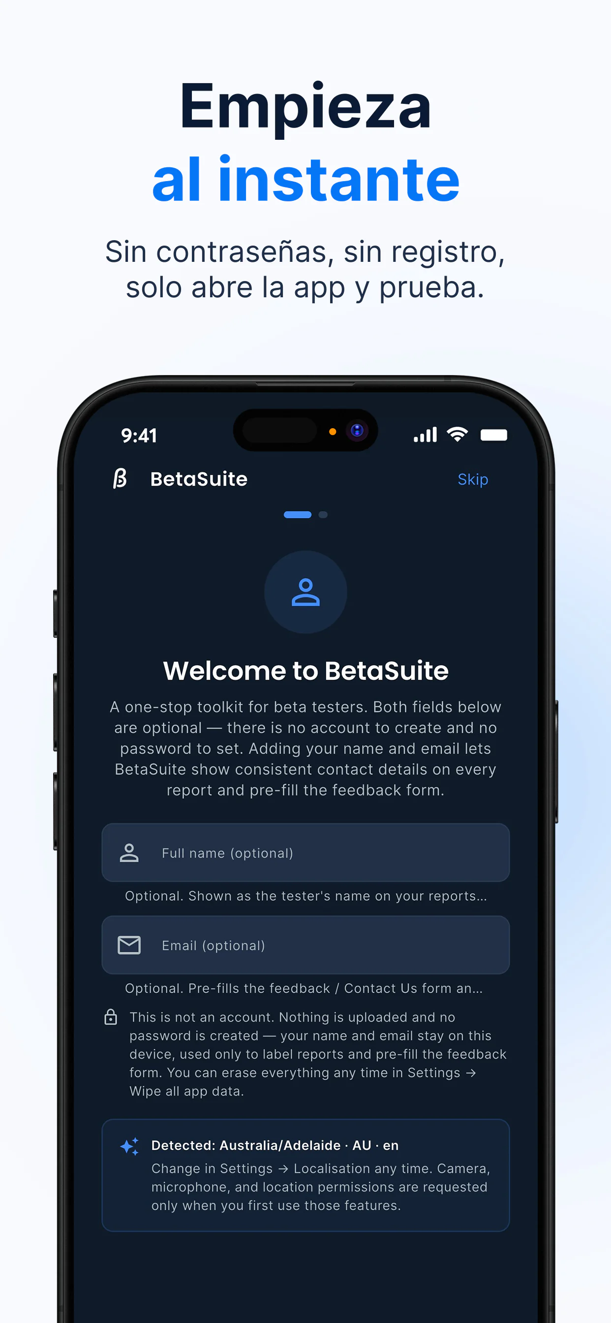 Pantalla de bienvenida de BetaSuite — empieza al instante sin cuenta ni contraseña; el nombre y el correo son opcionales y se quedan en el dispositivo