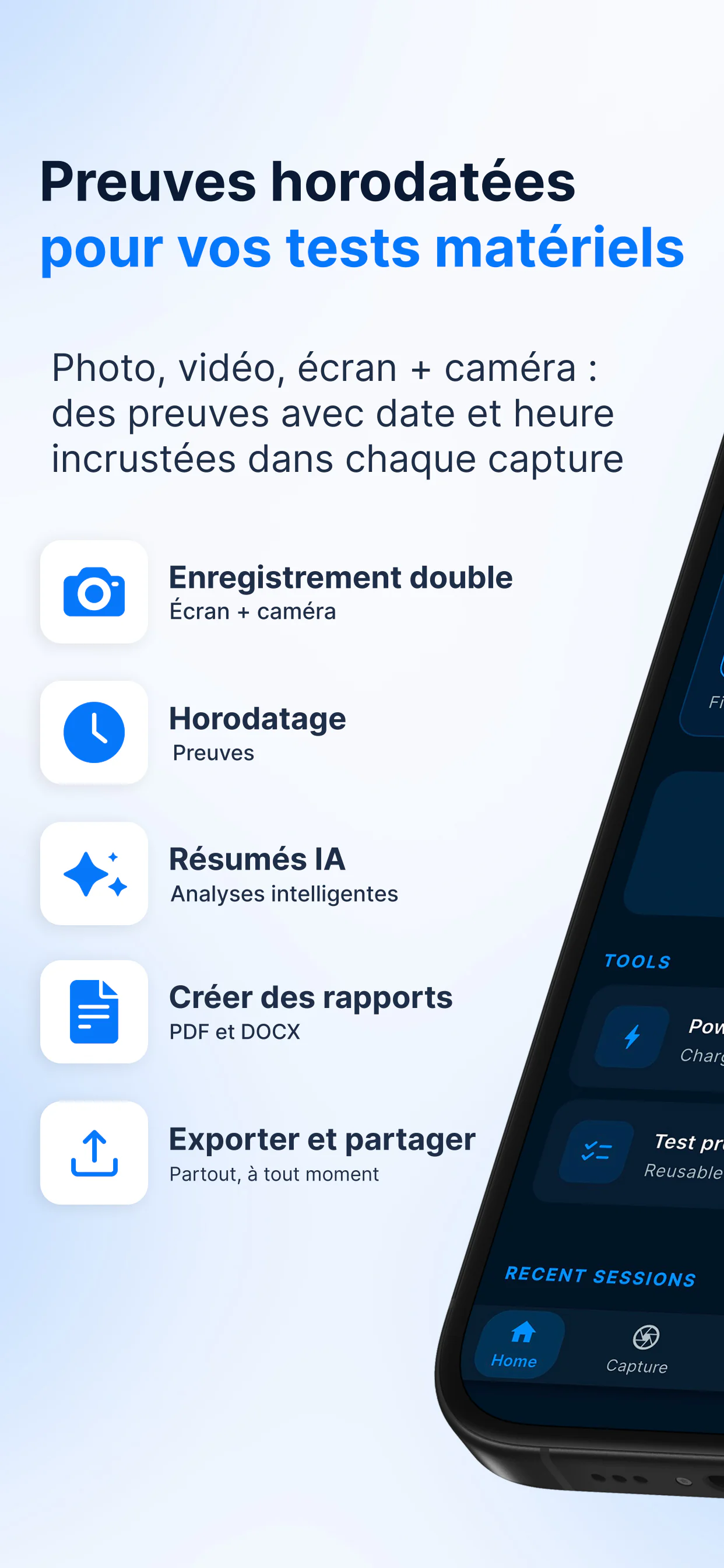 Aperçu de BetaSuite — une preuve horodatée pour les tests de matériel : double enregistrement, preuves horodatées, résumés IA, rapports PDF et DOCX, export et partage