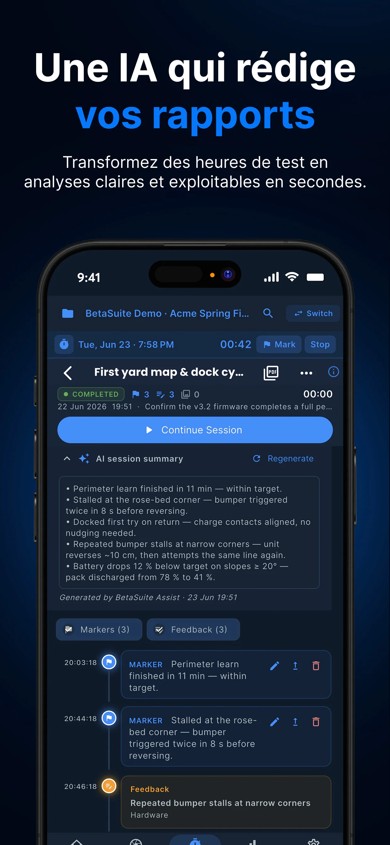 Résumé de session par IA de BetaSuite — principaux constats d'une session de test d'un robot tondeuse, rédigés à partir de ses marqueurs et de ses feedbacks
