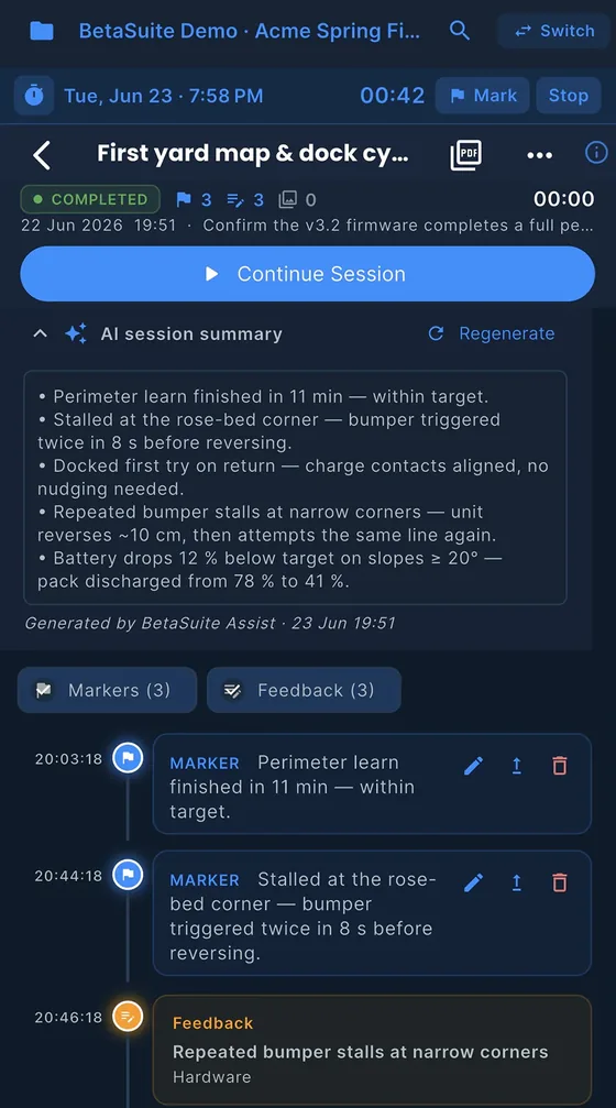 A completed robot mower session in BetaSuite's demo project: an AI session summary of five bullet points (perimeter learned in 11 minutes, bumper stalls at the rose-bed corner, first-try docking, repeated stalls at narrow corners, battery drop on slopes) above the timed markers and feedback