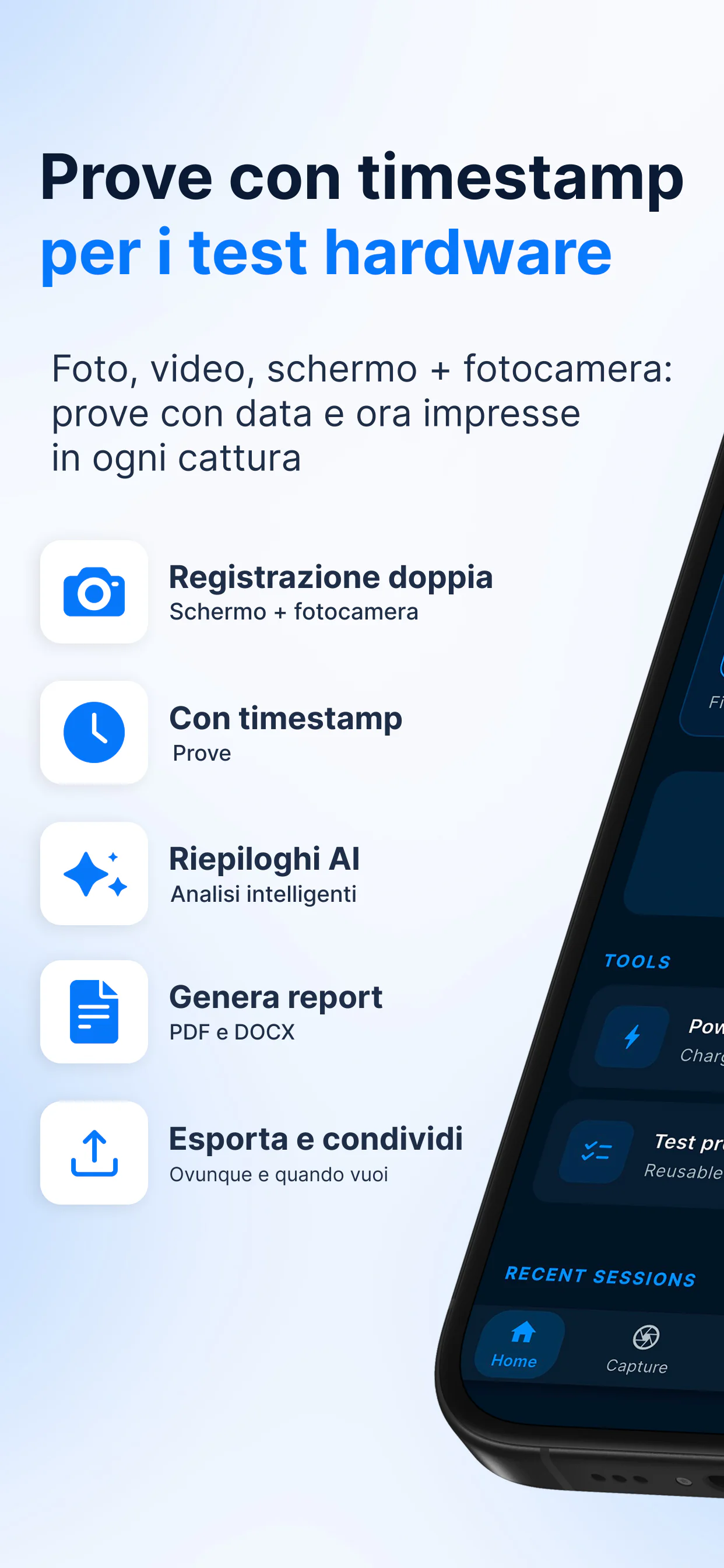 Panoramica di BetaSuite — prove con marca temporale per i test hardware: doppia registrazione, prove con data e ora, riepiloghi IA, report PDF e DOCX, esportazione e condivisione