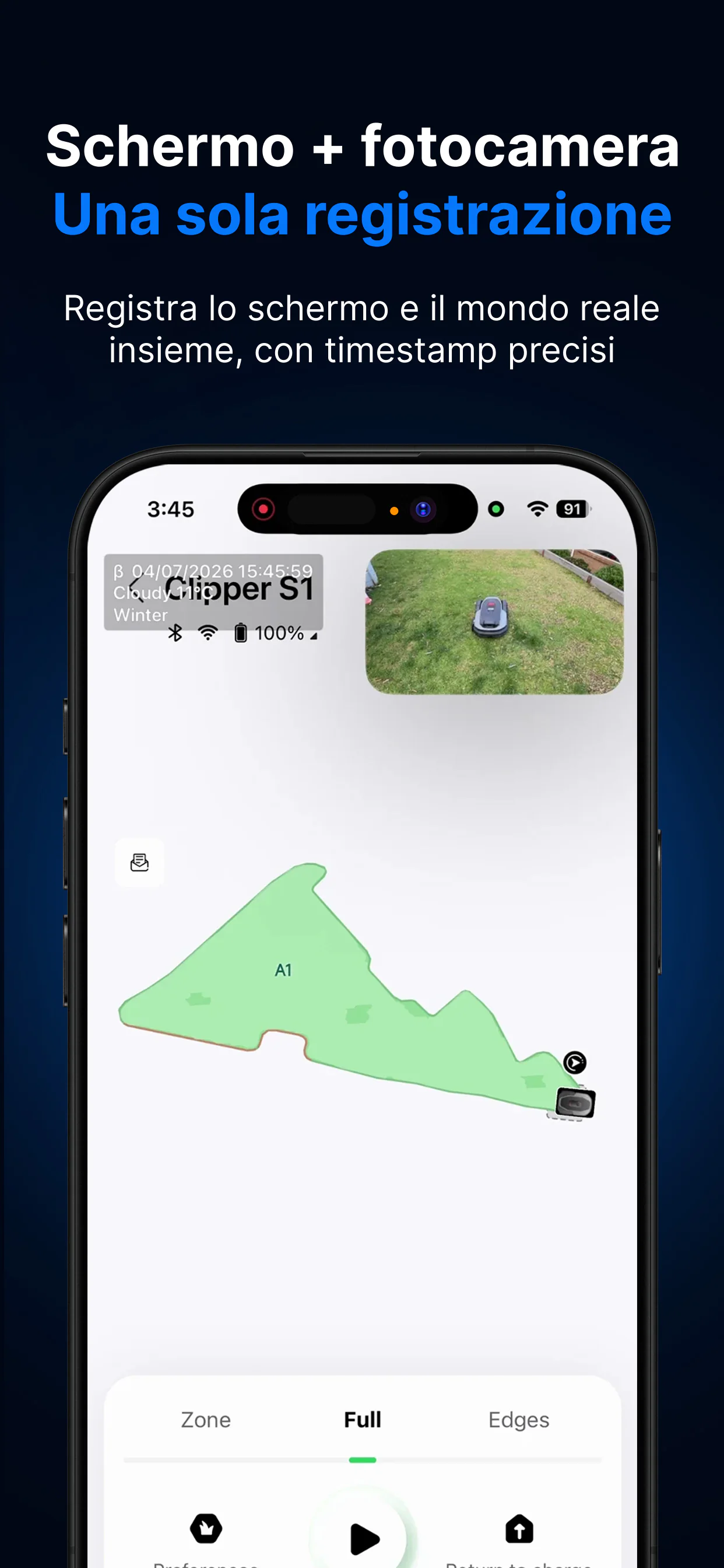 Doppia registrazione di BetaSuite — l'app di un robot tagliaerba sullo schermo e la vista dal vivo della fotocamera sul tagliaerba in un unico video, con data e ora impresse nell'angolo