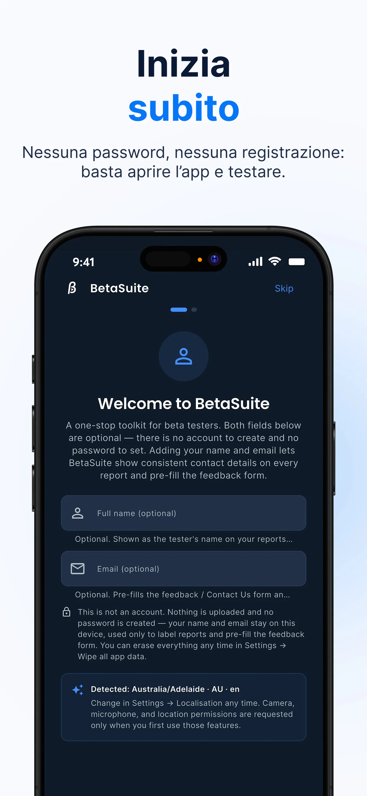 Schermata di benvenuto di BetaSuite — inizia subito senza account né password; nome ed email sono facoltativi e restano sul dispositivo
