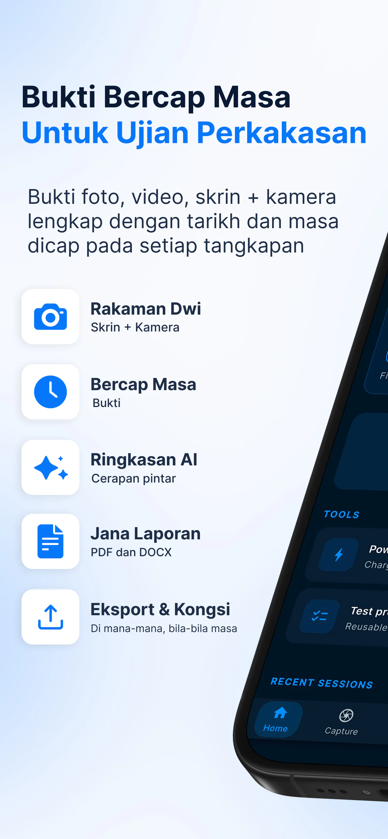 Gambaran keseluruhan BetaSuite — bukti bercap masa untuk ujian perkakasan: rakaman dwi, bukti bertarikh dan bermasa, ringkasan AI, laporan PDF dan DOCX, eksport dan kongsi