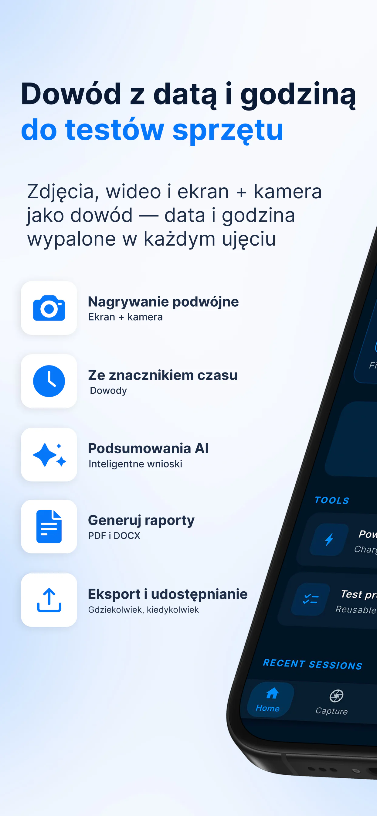 Przegląd BetaSuite — dowody ze znacznikiem czasu dla testów sprzętu: podwójne nagrywanie, materiały ze znacznikiem czasu, streszczenia SI, raporty PDF i DOCX, eksport i udostępnianie