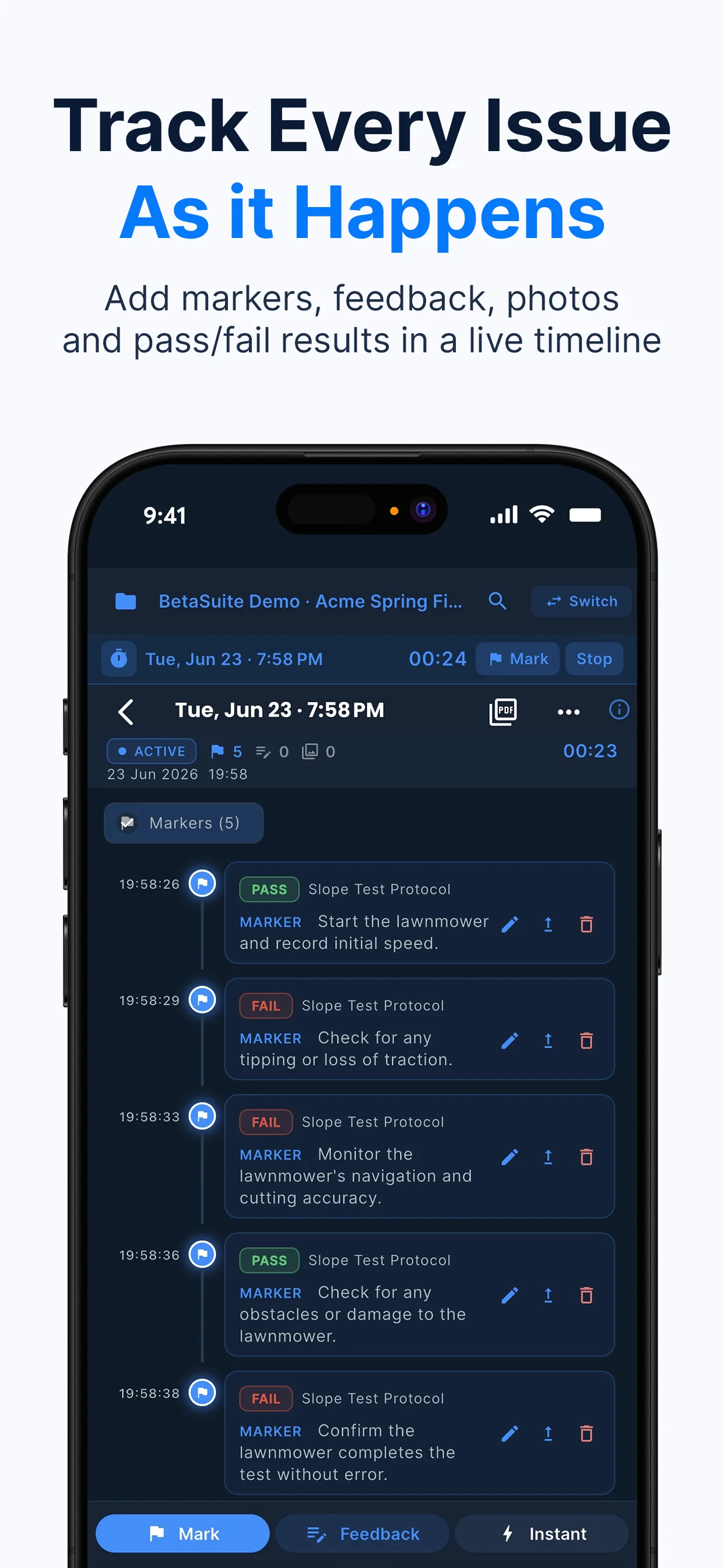 BetaSuite live session timeline — markers, feedback and pass/fail results as they happen
