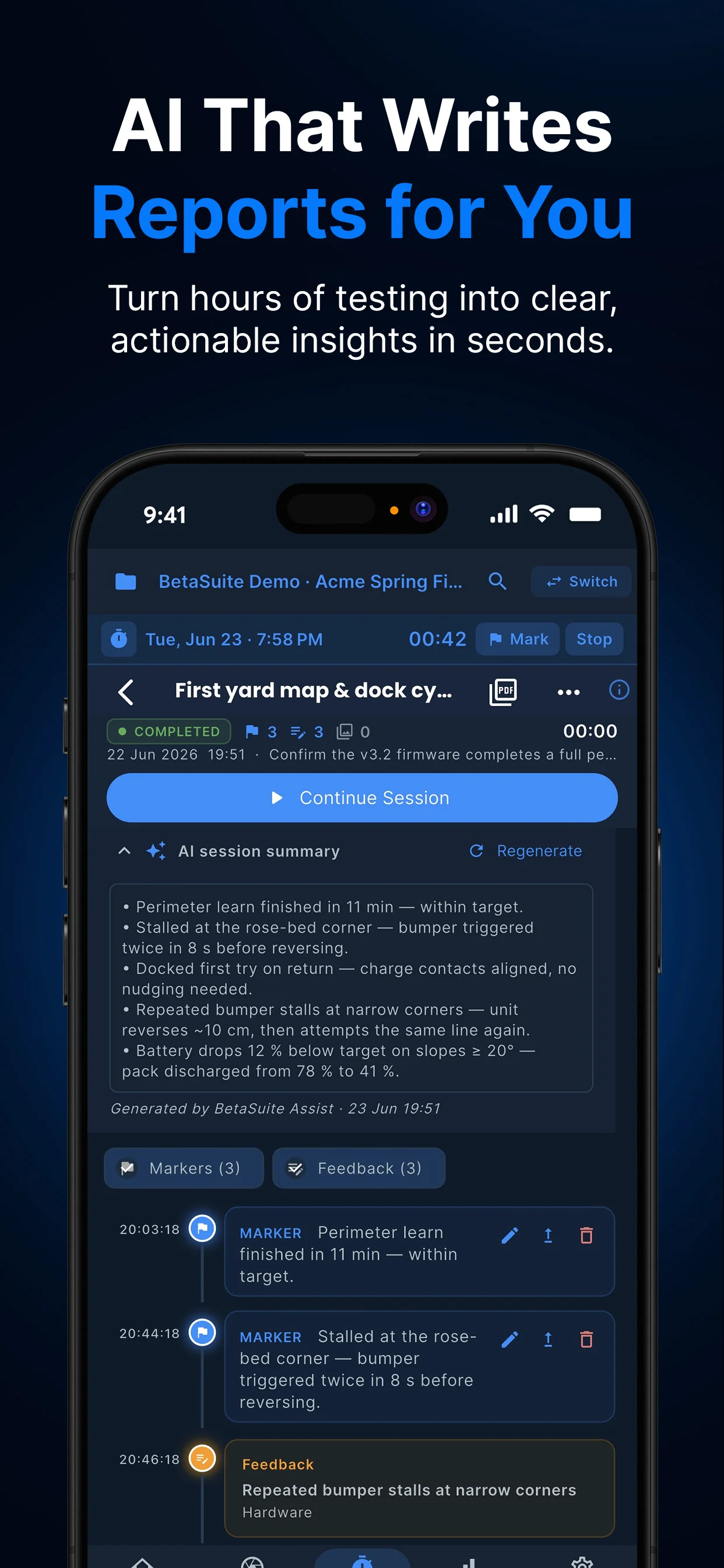 BetaSuite AI session summary — testing turned into clear, actionable report insights
