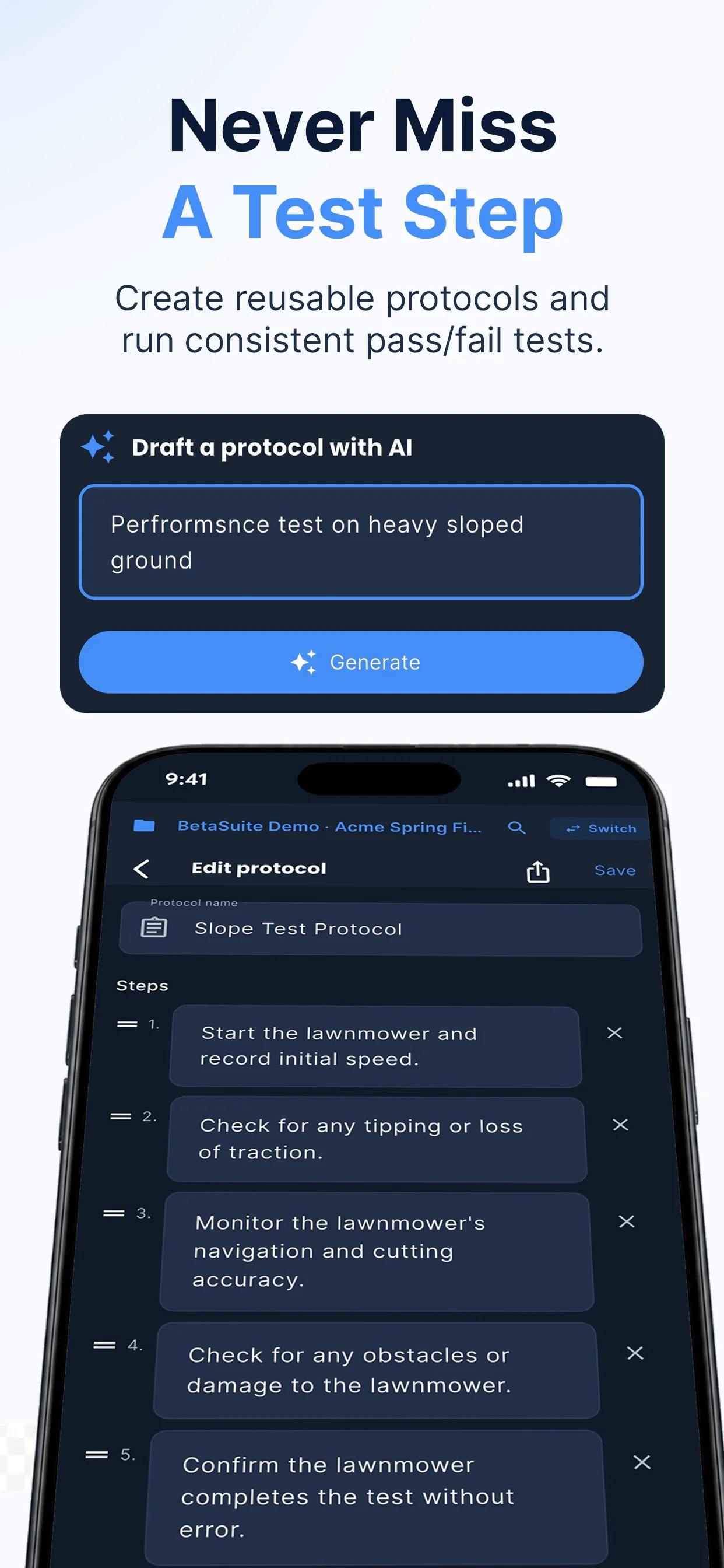 BetaSuite test protocols — build reusable pass/fail test steps and draft them with AI