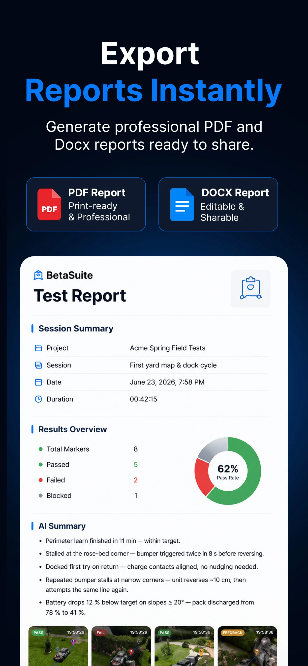 BetaSuite report export — generate professional PDF and DOCX reports ready to share