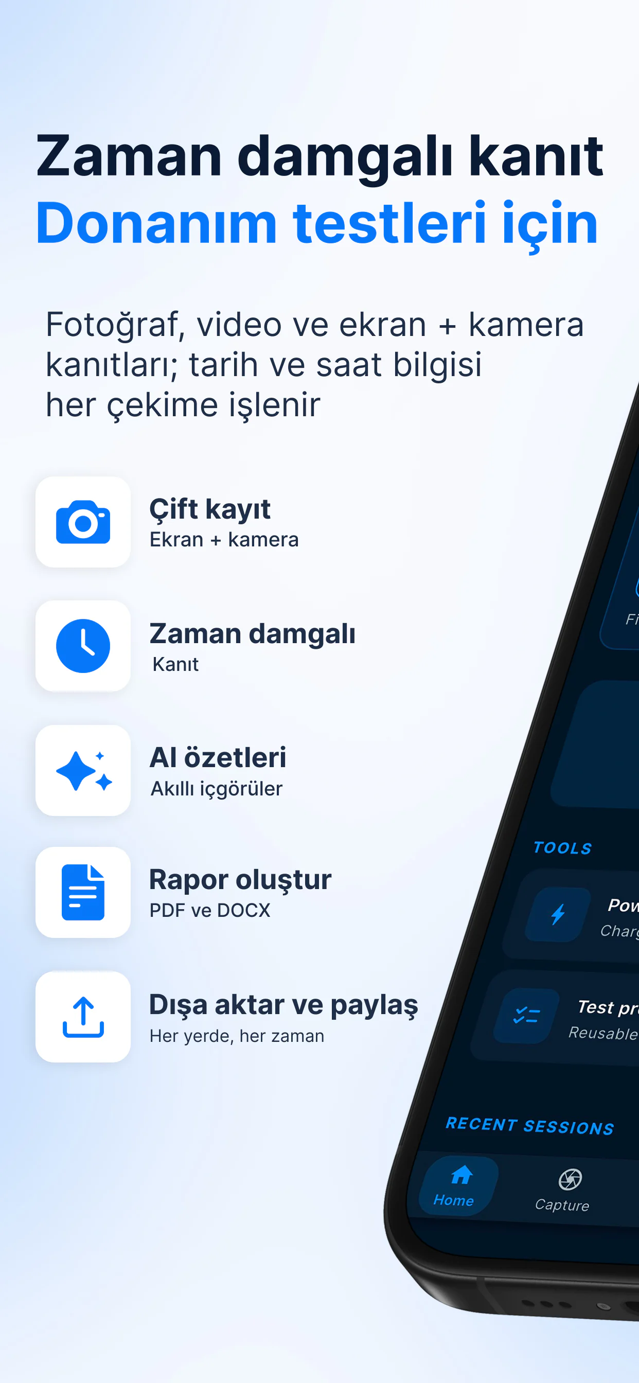 BetaSuite genel bakış — donanım testleri için zaman damgalı kanıt: çift kayıt, zaman damgalı kanıtlar, yapay zekâ özetleri, PDF ve DOCX raporları, dışa aktarma ve paylaşma